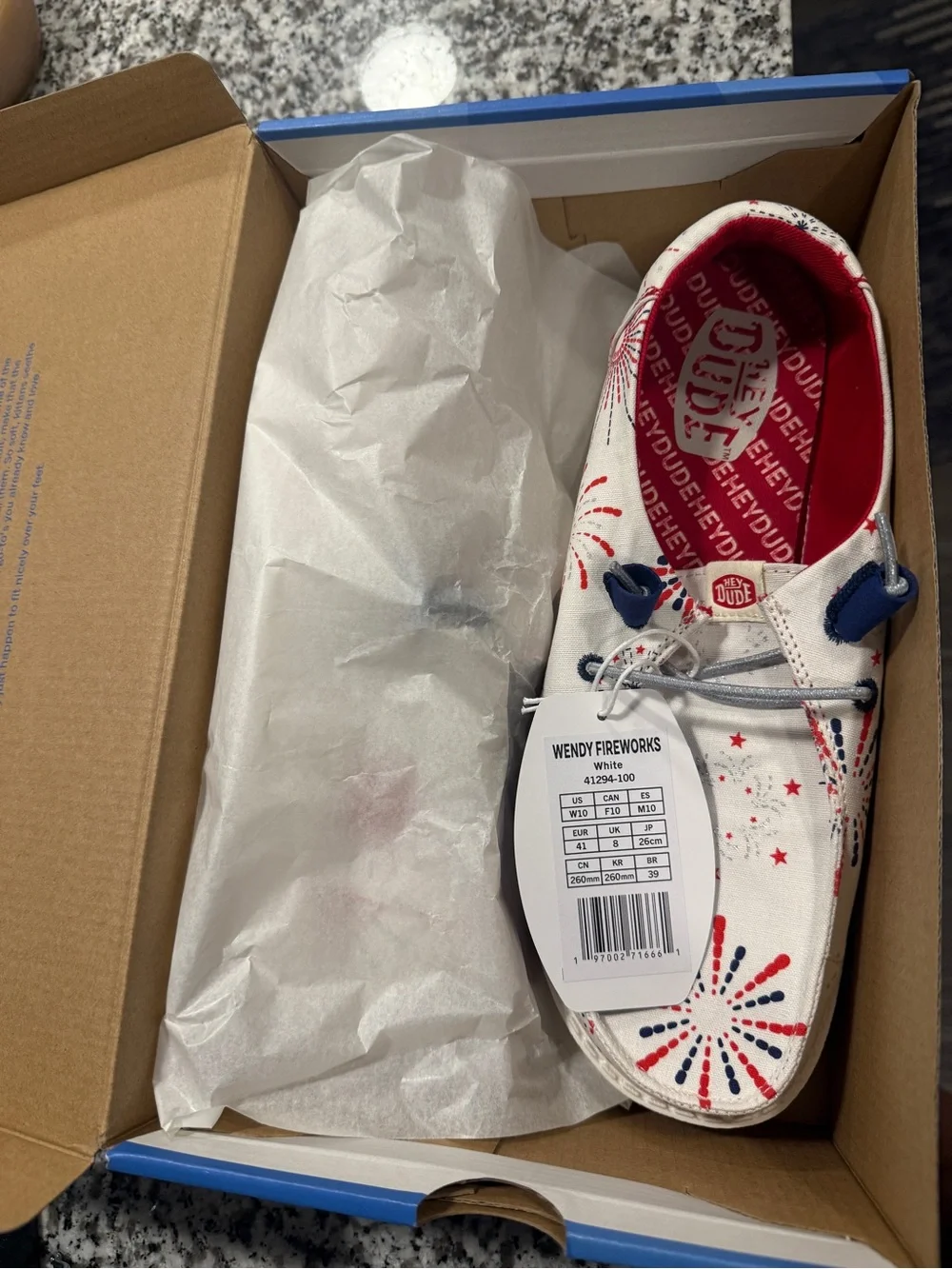 Hey Dude Wendy Fireworks Kids Shoe - White with Red and Blue Accents